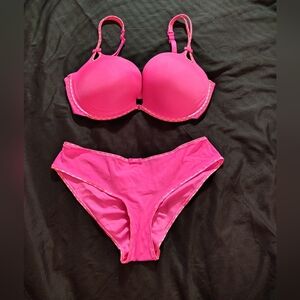 VS Sexy Little Things pink with white polka dot trim. 34DD push up bra & bikini.